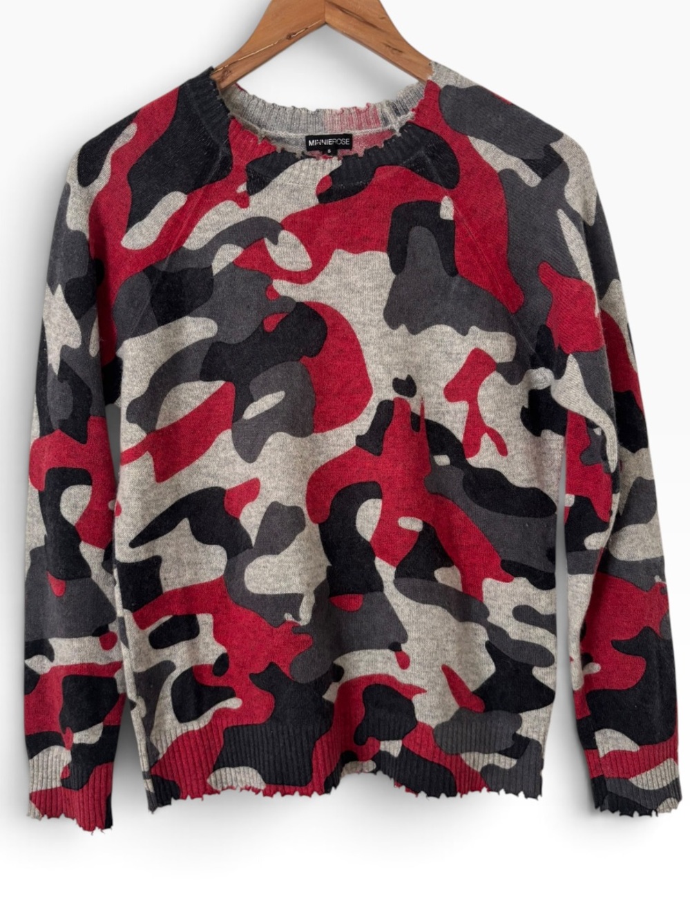 Minnie Rose Distressed Cashmere Crew Neck Camo Sweater - Size Small - Picture 2 of 5